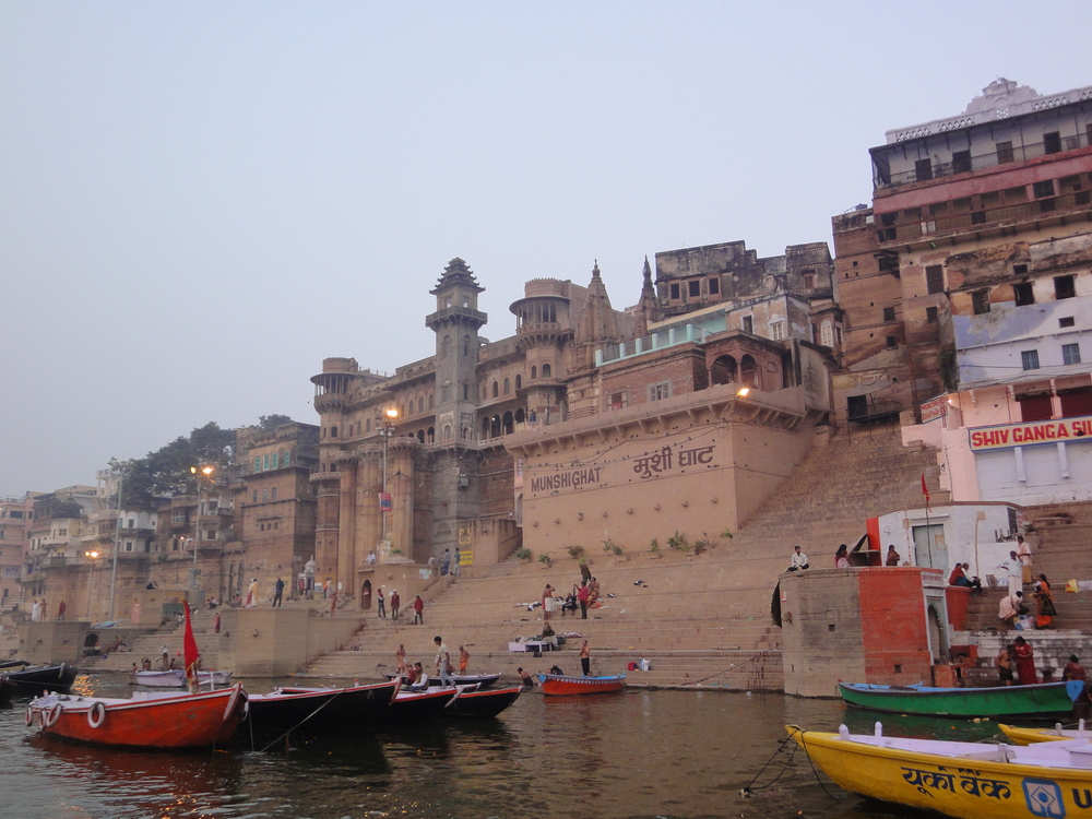 Boats in waiting on The Ganges in Varanasi, India.