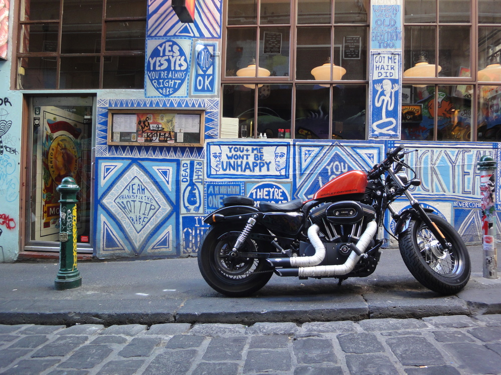 A motorbike outside Movida on Hosier Lane in Melbourne, Australia.