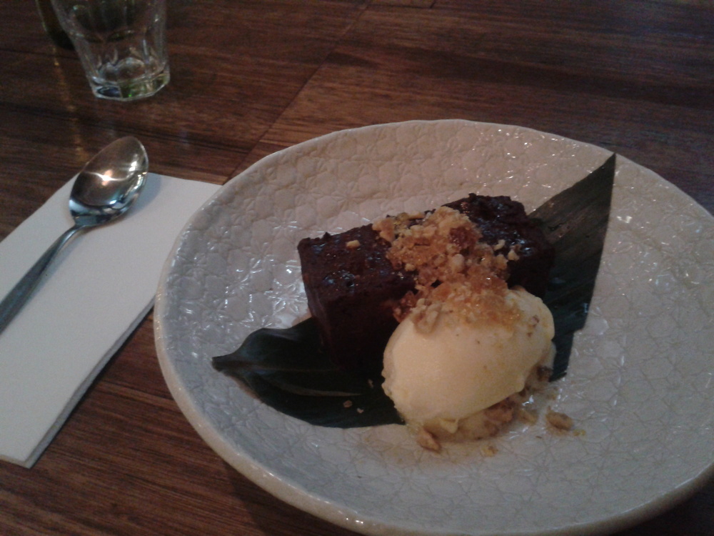 My yummy dessert at Sister of Soul - chocolate and beetroot cake with a fruity sorbet and praline.
